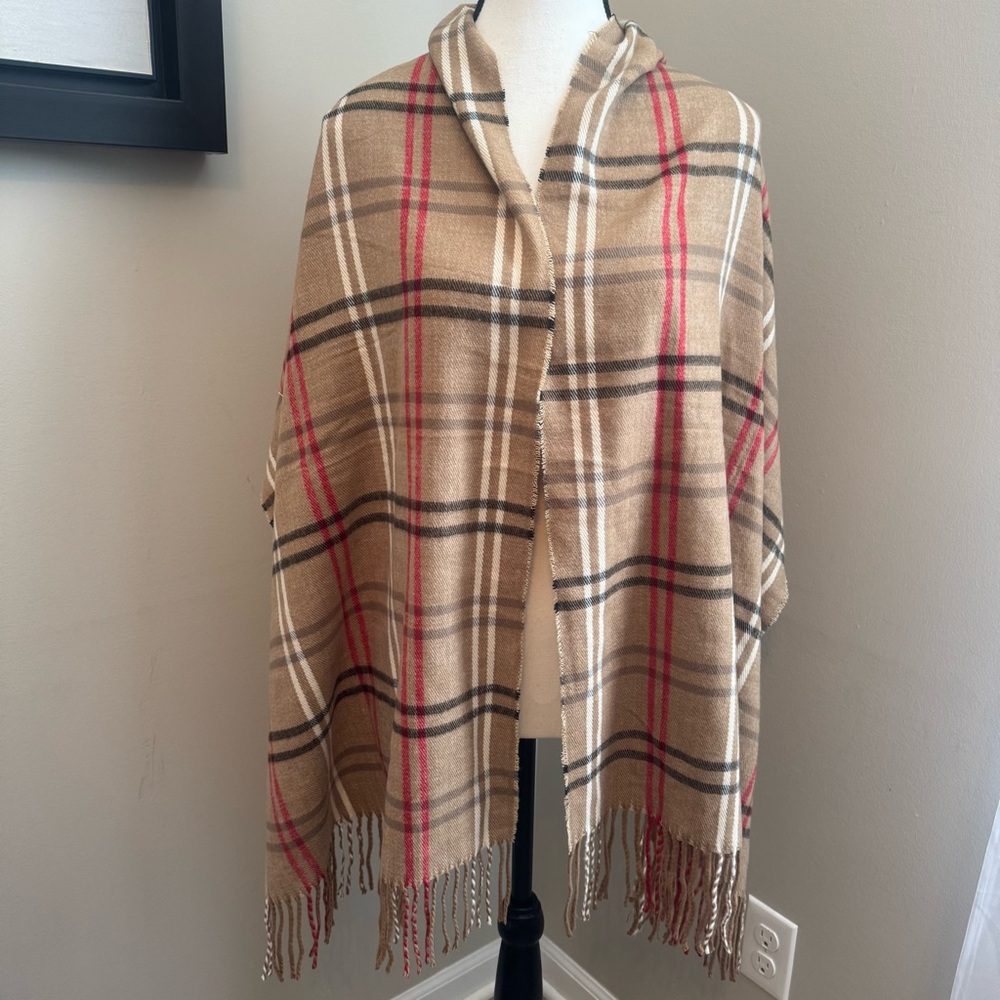 Steve Madden Oversized Tan Red Black Plaid Blanket Scarf Wrap Shawl Fringe 72x21
